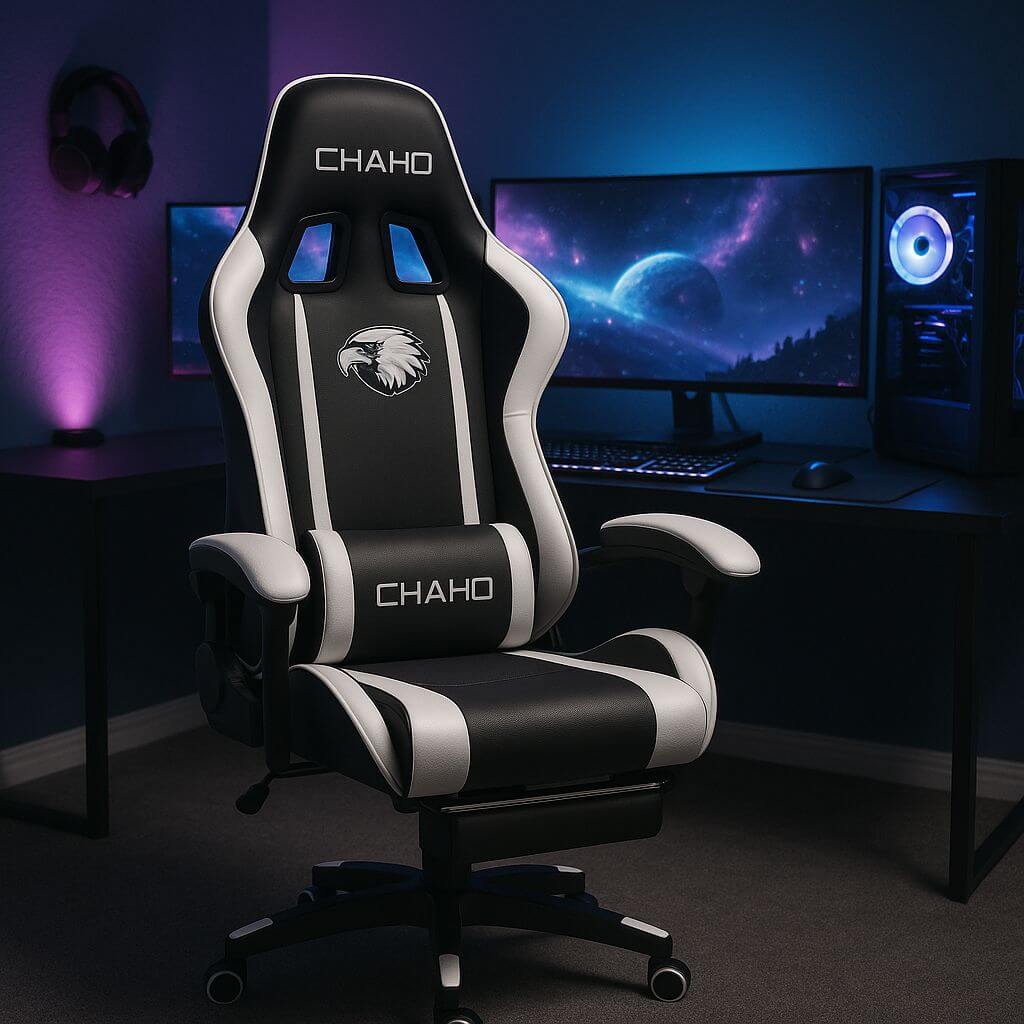 كرسي جيمنج مريح باللون الابيض والاسود مع مسند للقدم